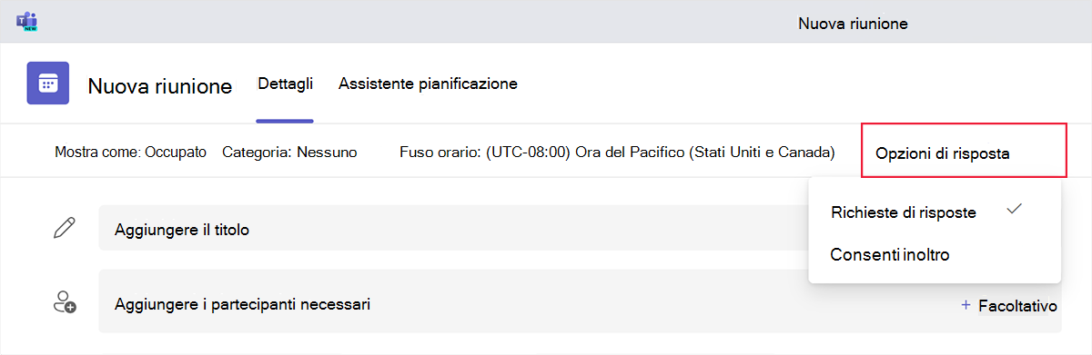 Screenshot delle opzioni di risposta durante la pianificazione di una nuova riunione in Teams.