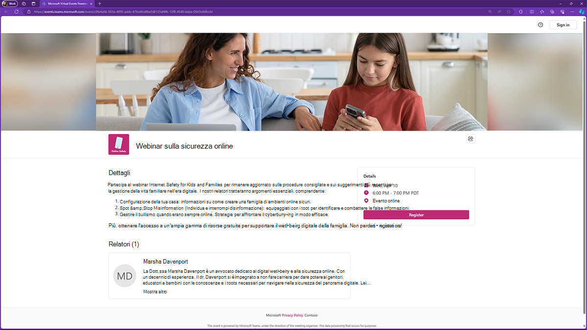 Screenshot di una pagina di registrazione personalizzata con marchio per un webinar di Microsoft Teams.