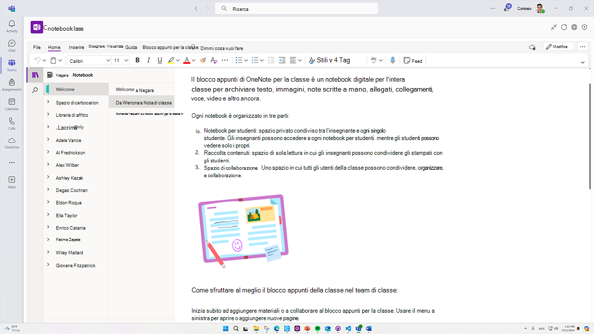 Screenshot della pagina Blocco appunti della classe di OneNote.