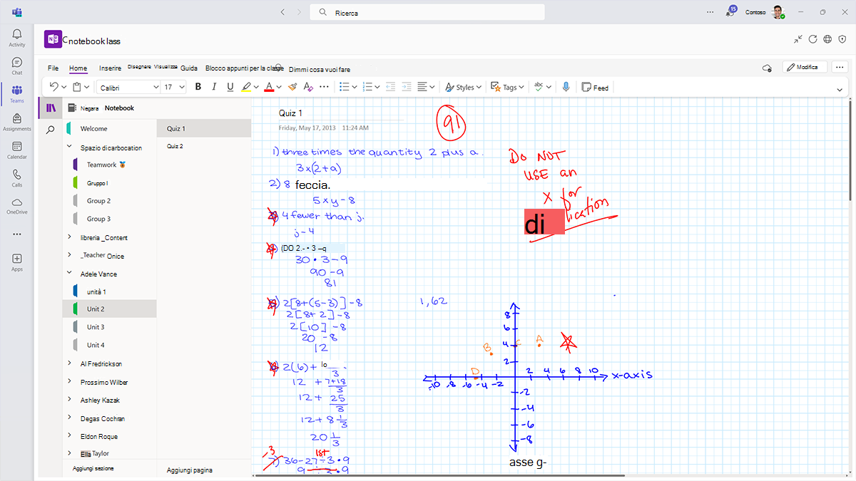 Screenshot di un quiz in una pagina della sezione Personale di un learner nel blocco appunti di OneNote per la classe.