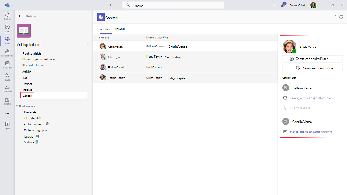 Screenshot dell'app Genitori in un team di classe Microsoft.