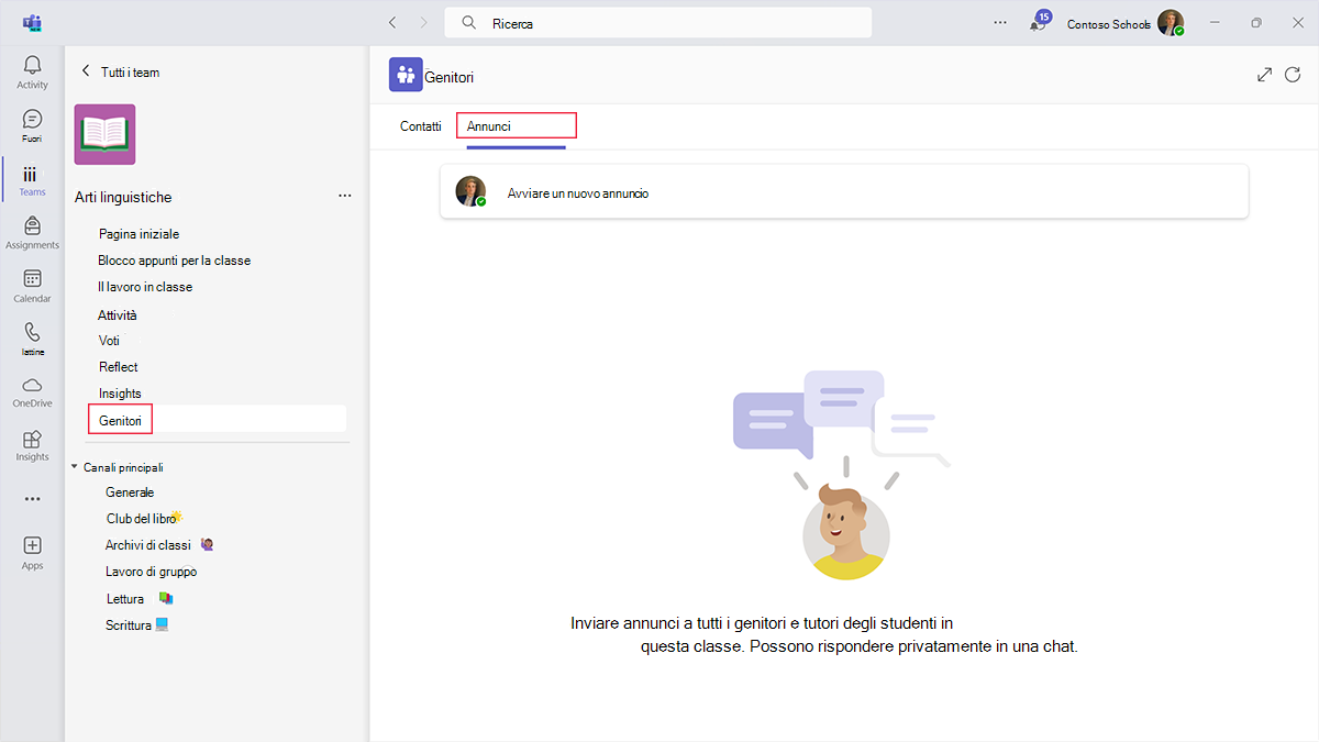 Screenshot che mostra come inviare un annuncio ai tutori nell'app Genitori in Microsoft Teams per l’istruzione.