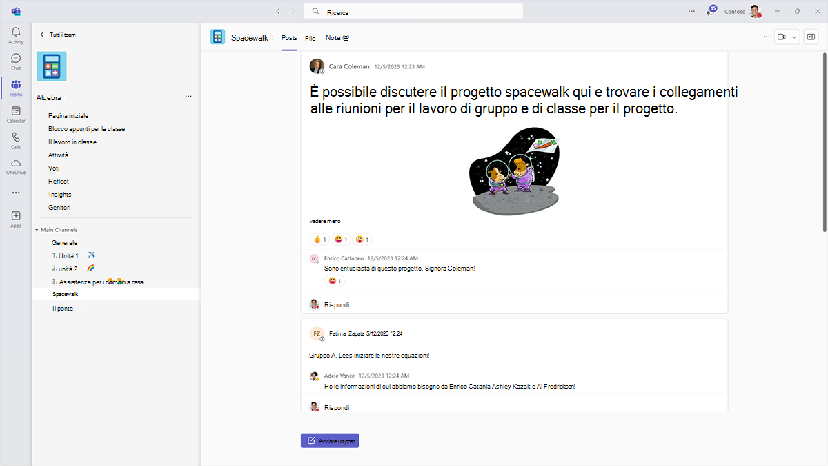 Screenshot di un canale di progetto di gruppo in un team di classe in Microsoft Teams.