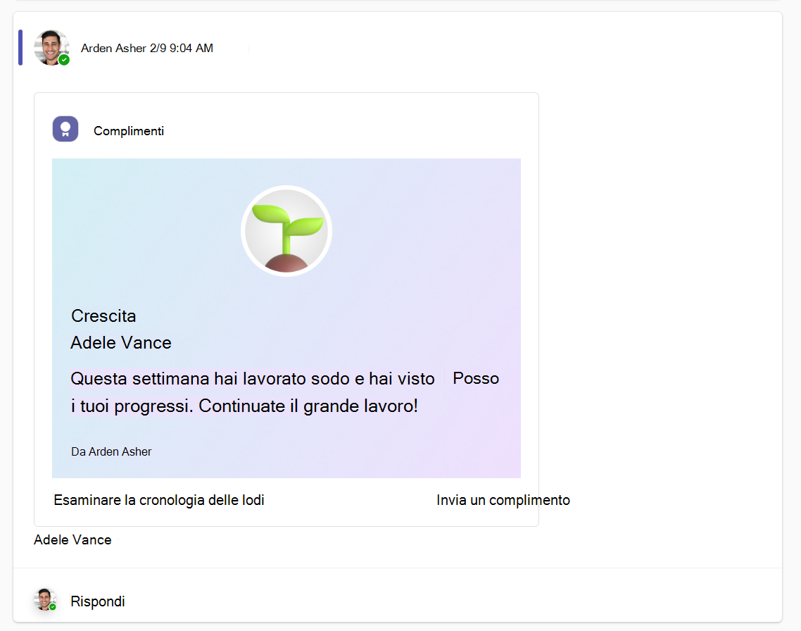 Screenshot di un post di lode per gli studenti in un canale del team di classe in Microsoft Teams.