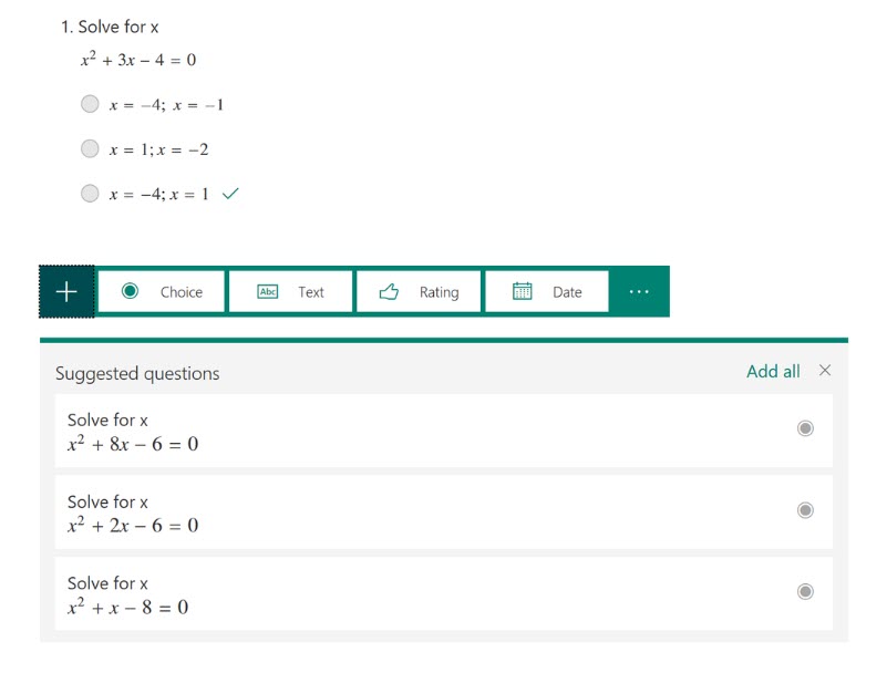 Screenshot che mostra le domande suggerite in Microsoft Forms per l'equazione per : x al quadrato più 3x meno 4 è uguale a 0.