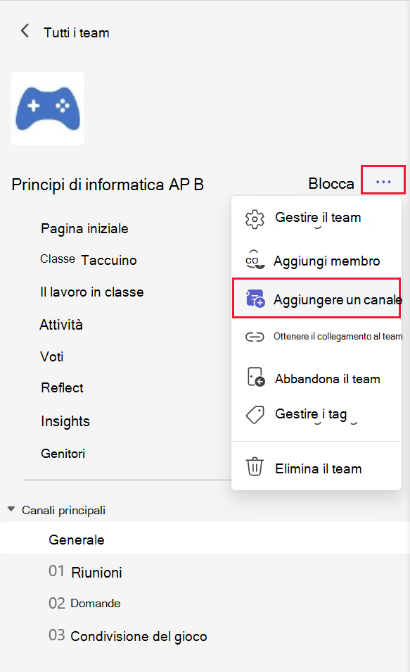 Screenshot di come aggiungere un canale a un team in Microsoft Teams.