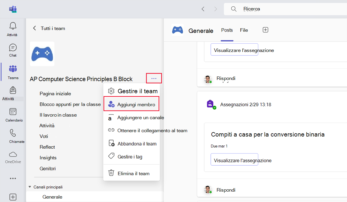 Screenshot dell'area per aggiungere un nuovo membro a un team in Microsoft Teams.