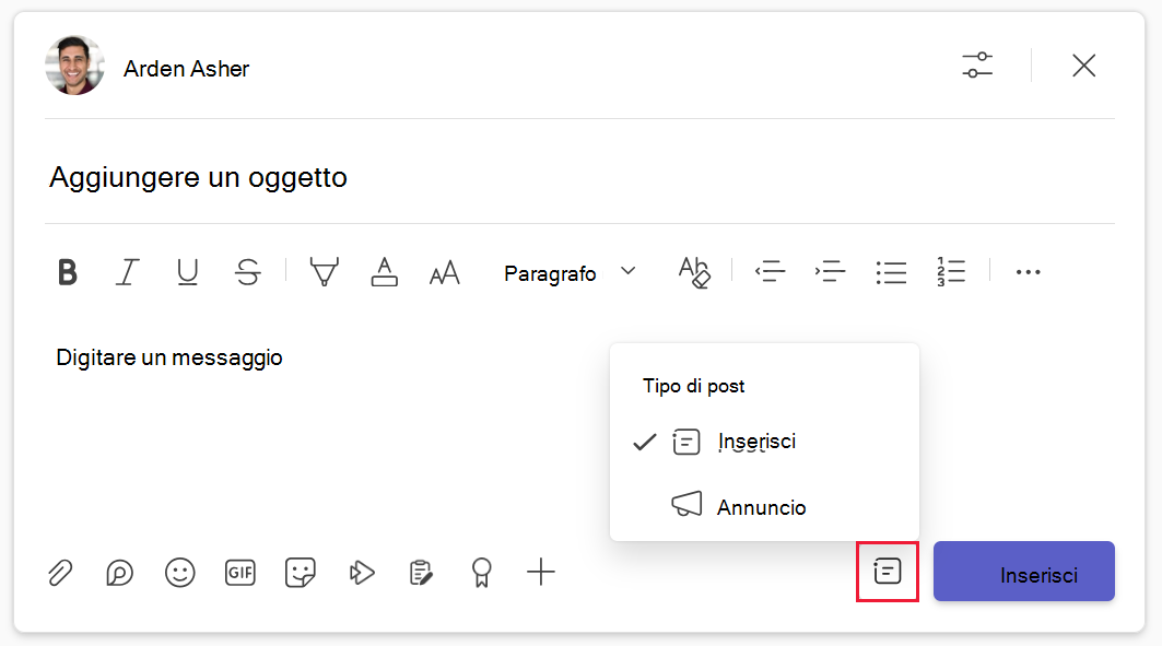 Screenshot delle impostazioni del tipo di post per i post del canale in Microsoft Teams.