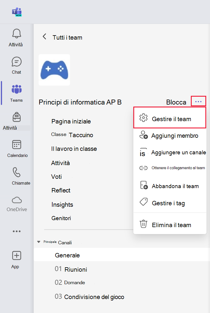 Screenshot del menu di altre opzioni e del collegamento per gestire le impostazioni del team in Microsoft Teams.