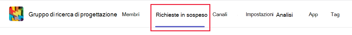 Screenshot della scheda richieste in sospeso nel menu Gestisci team in Microsoft Teams.