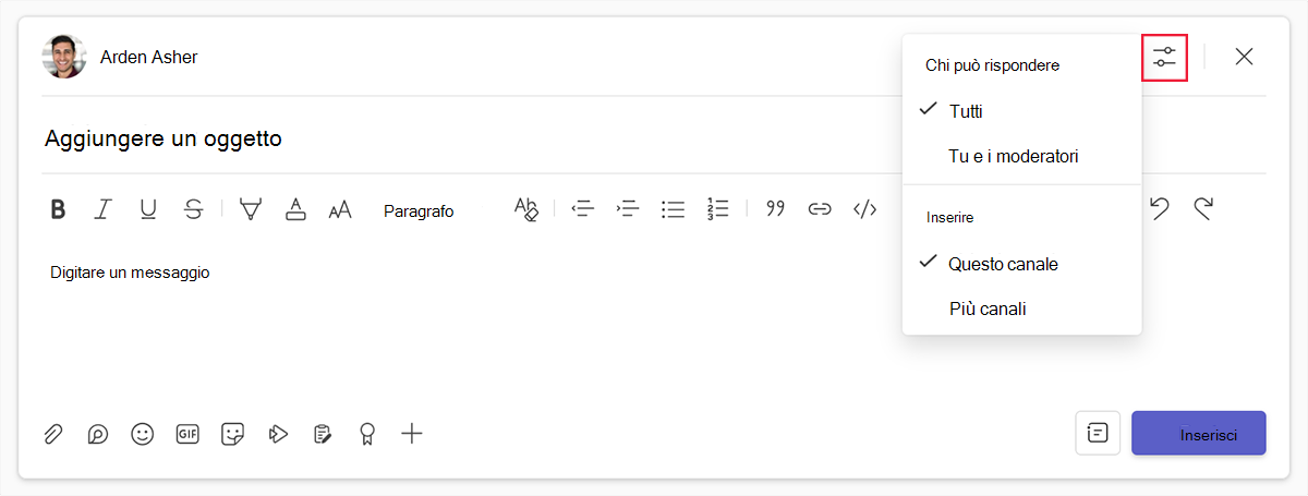 Screenshot delle impostazioni post per chi può rispondere e opzione per pubblicare su più canali in Microsoft Teams.