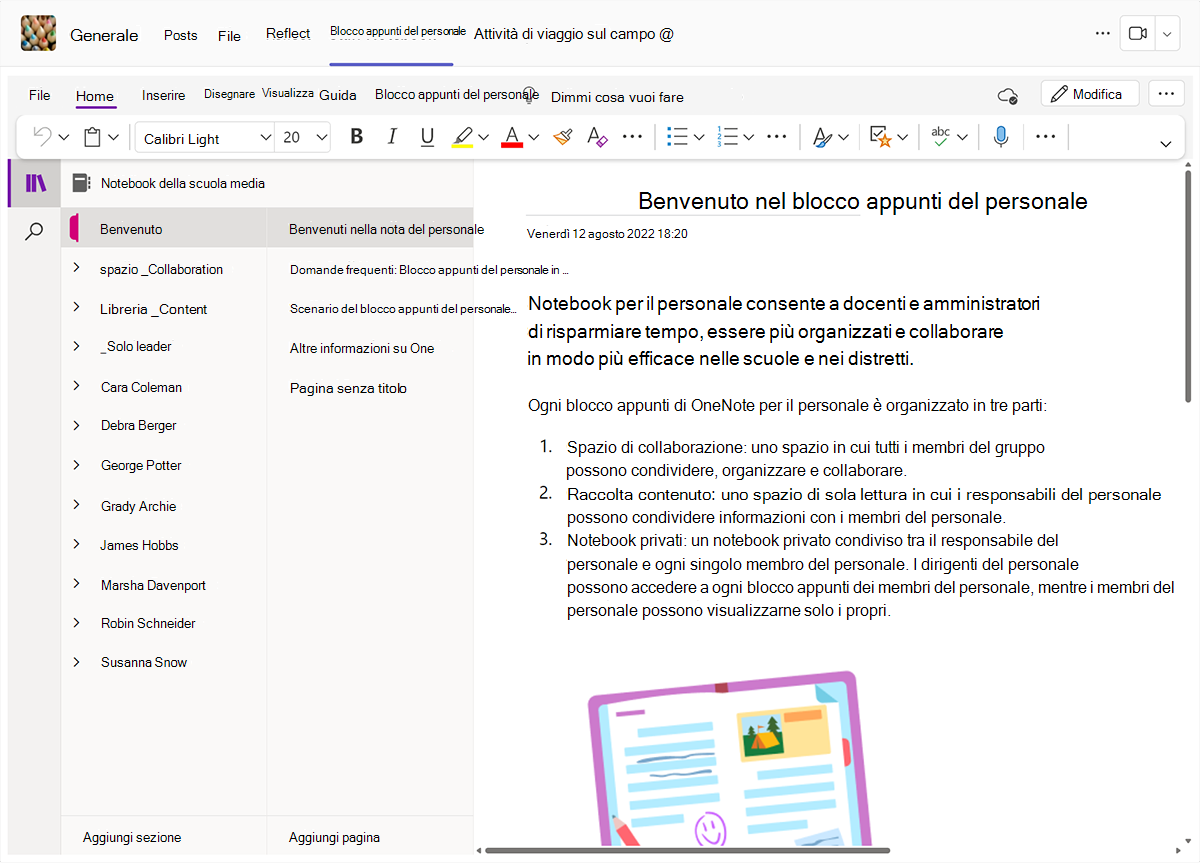 Screenshot del blocco appunti del personale di OneNote in Microsoft Teams.