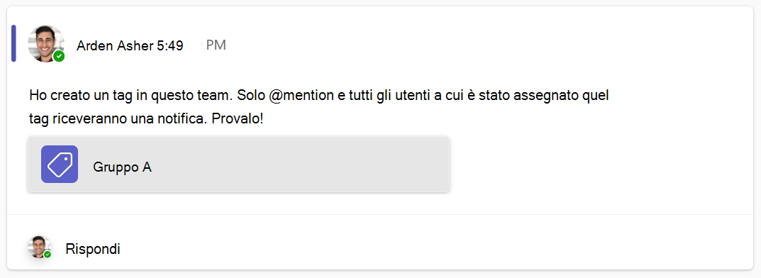 Screenshot del post del canale che annuncia il nuovo tag del team in Microsoft Teams.