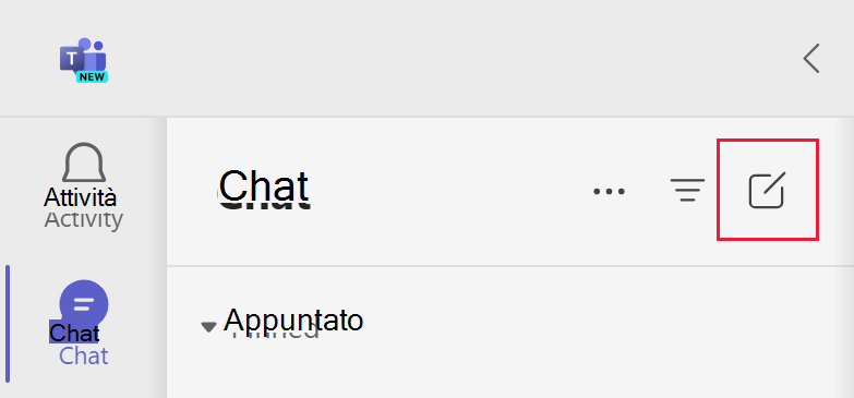 Screenshot dell'icona della nuova chat in Microsoft Teams