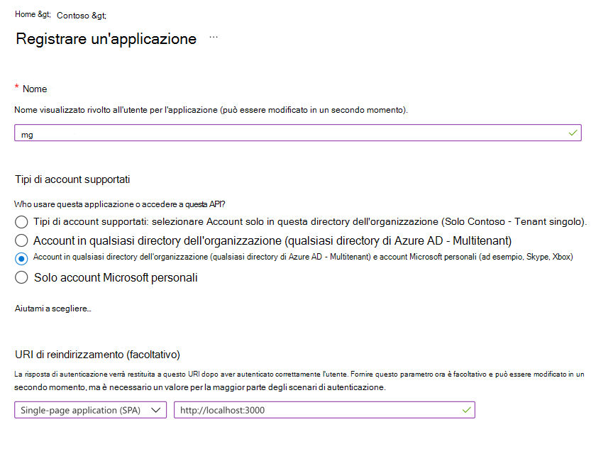 Screenshot che mostra la registrazione dell'applicazione in Microsoft Entra ID.