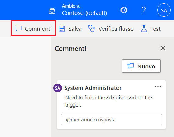 Screenshot che mostra il riquadro Commenti sul lato destro della schermata.
