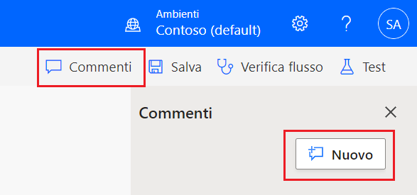 Screenshot che mostra il pulsante Nuovo nel riquadro Commenti in cui è possibile aggiungere un nuovo commento.