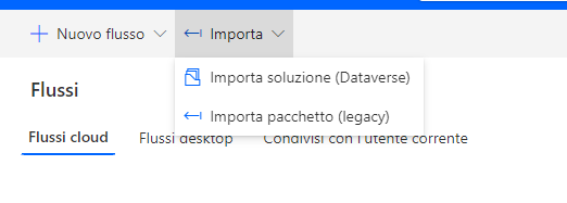 Screenshot della schermata Importazione pacchetto.