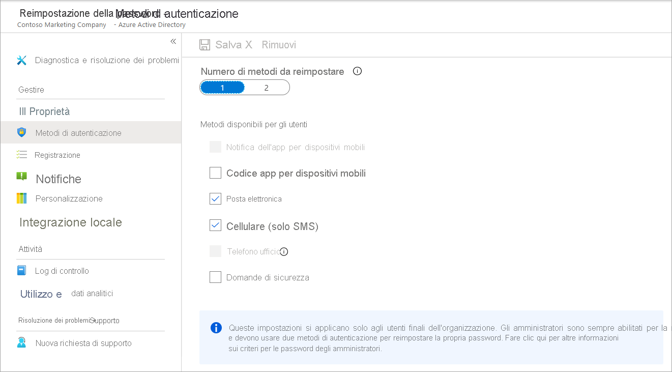 Screenshot dell'opzione Metodi di autenticazione del pannello Reimpostazione password selezionata che mostra il pannello con le opzioni di autenticazione.