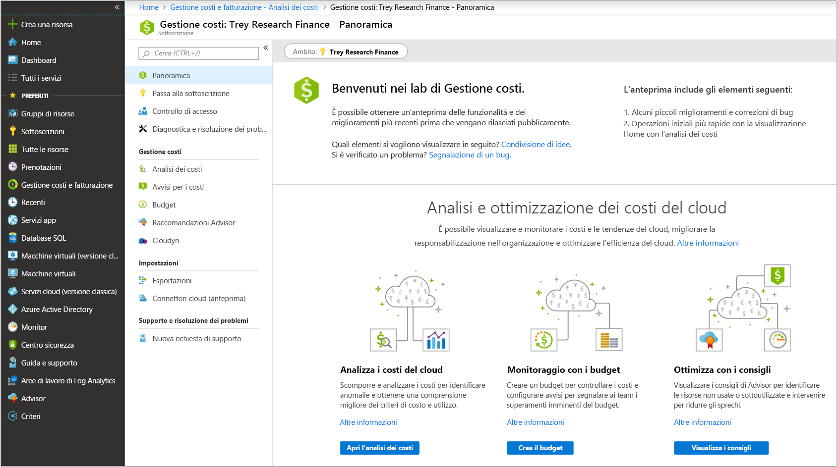 Screenshot del portale di Azure che mostra il pannello di panoramica della gestione dei costi dall'elemento di spostamento laterale Gestione dei costi e fatturazione.