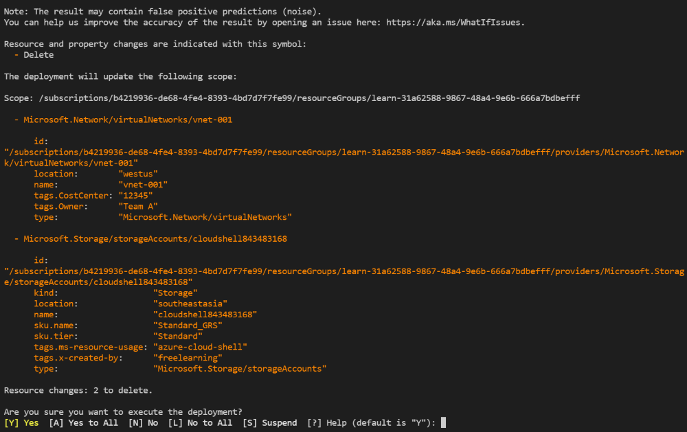 Screenshot di Azure PowerShell che mostra l'output dell'operazione di conferma della distribuzione.