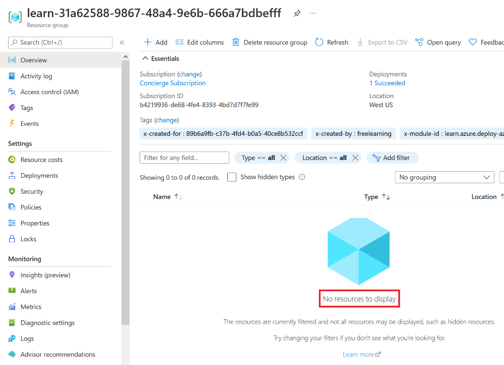 Screenshot dell'interfaccia del portale di Azure per la distribuzione completa, con la risorsa di rete virtuale non più elencata.