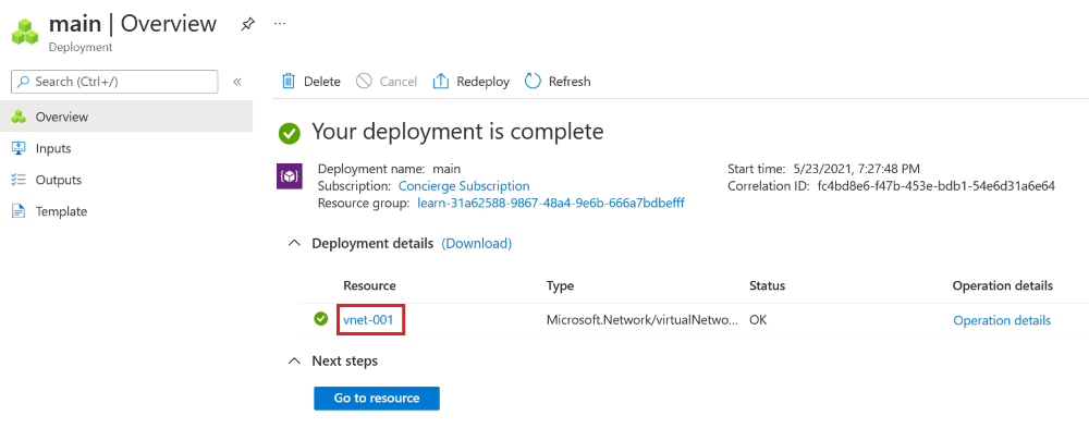 Screenshot dell'interfaccia del portale di Azure per la distribuzione specifica, con una risorsa di rete virtuale elencata.