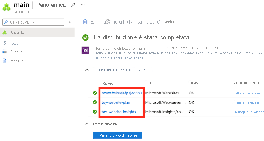 Screenshot of the Azure portal deployments overview pane for the main deployment, with an App Service plan and app, and an Application Insights instance listed.