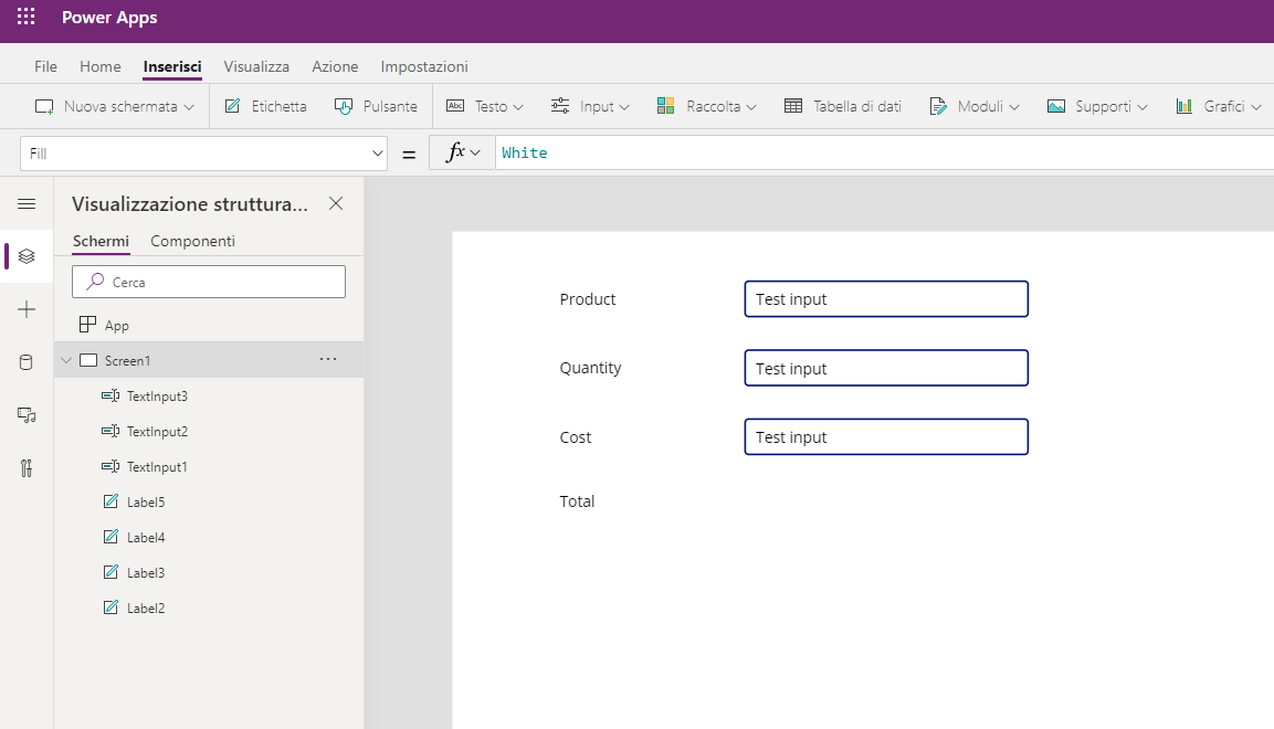 Screenshot degli input di testo di Screen1 nella visualizzazione struttura ad albero di Power Apps.