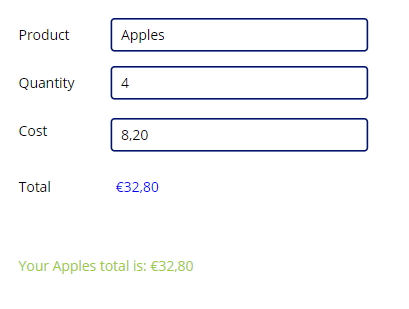 Schermata che mostra l'input Apples nel campo di immissione del prodotto e il messaggio di riepilogo visualizzato in giallo-verde.