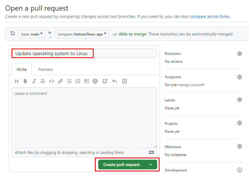 Screenshot del riquadro 'Open a pull request' di GitHub, che visualizza il pulsante 'Create pull request'.