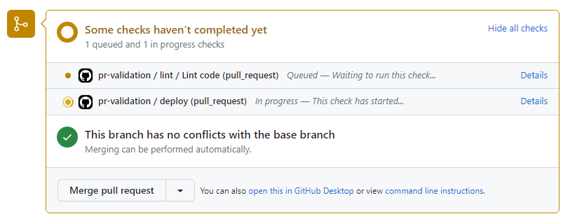 Screenshot della richiesta pull di GitHub che mostra gli elementi di controllo dello stato. Il collegamento 'Details' per il processo 'deploy' è evidenziato.