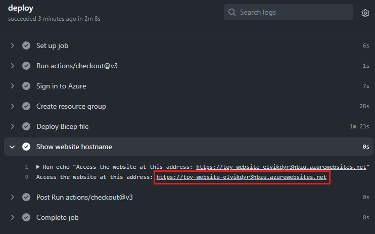 Screenshot del log di distribuzione di GitHub Actions. L'URL del sito Web nel passaggio 
