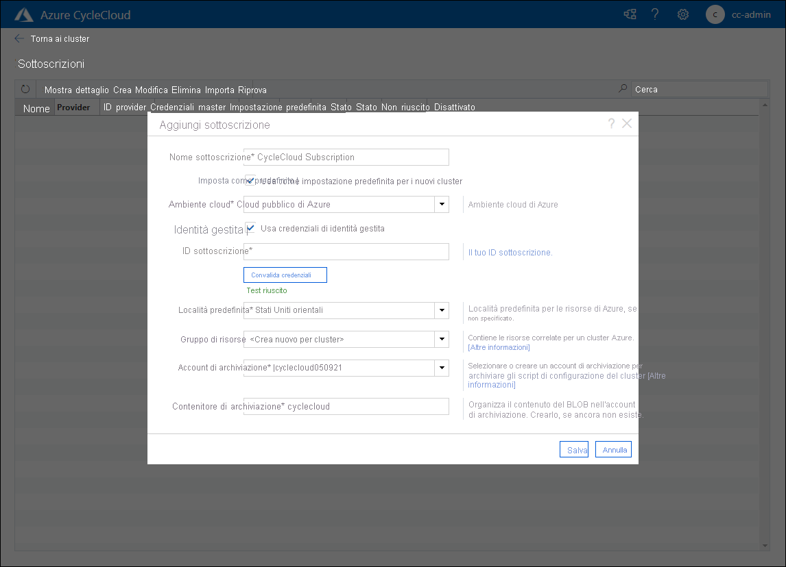 Screenshot che mostra la finestra popup relativa all'aggiunta della sottoscrizione sovrapposta all'applicazione Web Azure CycleCloud.