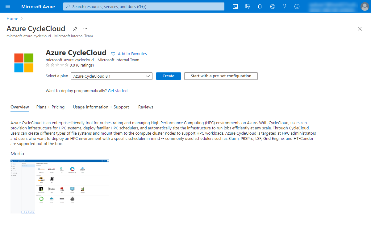 Screenshot che mostra la sezione Crea di Azure CycleCloud nel portale di Azure.