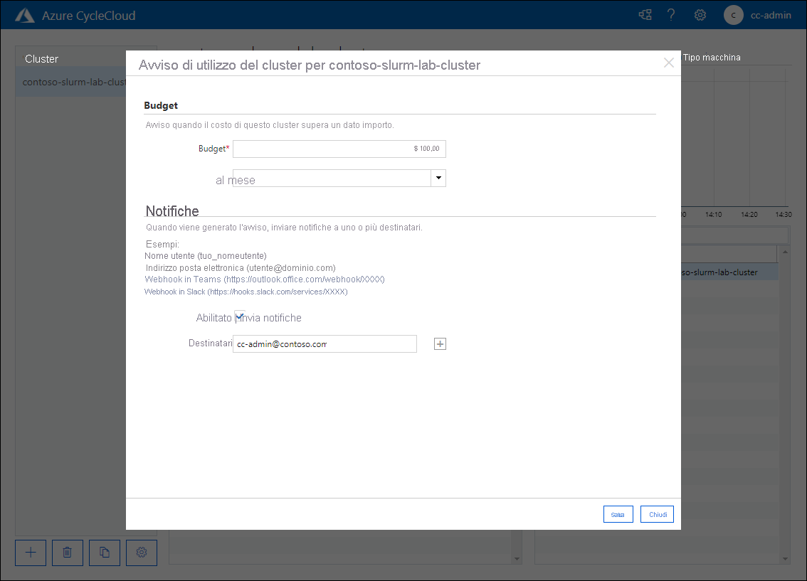 Screenshot che mostra l'avviso di utilizzo del cluster per la finestra popup contoso-slurm-lab-cluster nell'applicazione Web Azure CycleCloud.