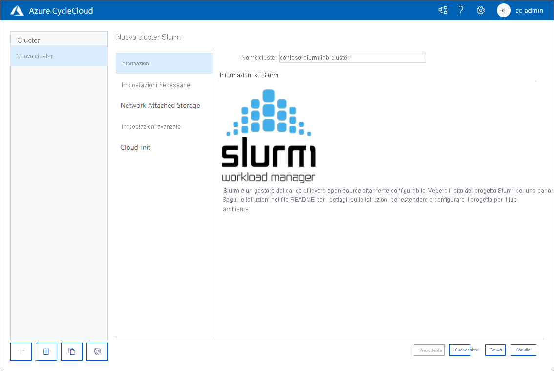 Screenshot che mostra la scheda Informazioni della pagina relativa al nuovo cluster Slurm dell'applicazione Web Azure CycleCloud.