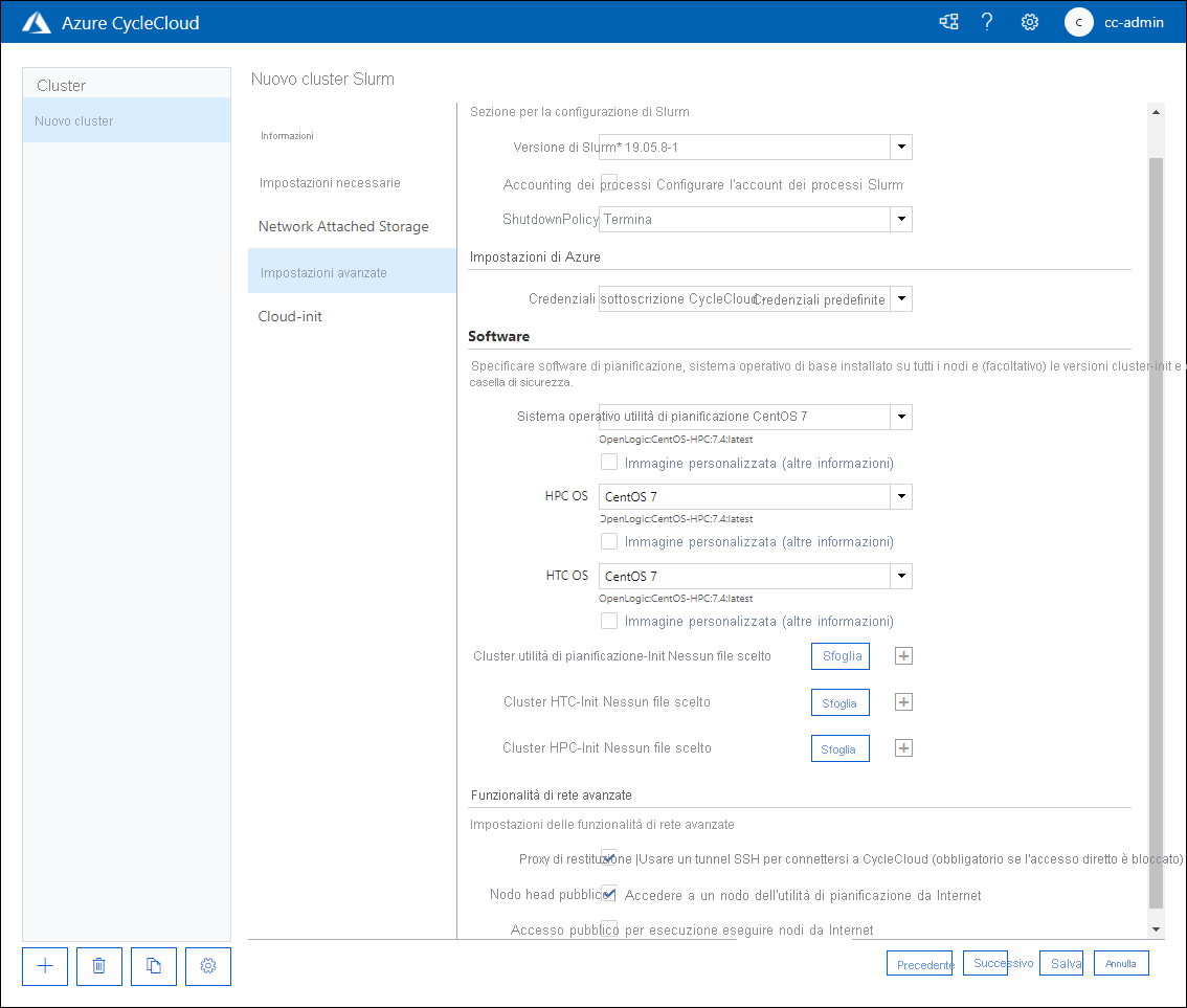 Screenshot che mostra la scheda delle impostazioni avanzate della pagina relativa al nuovo cluster Slurm dell'applicazione Web Azure CycleCloud.