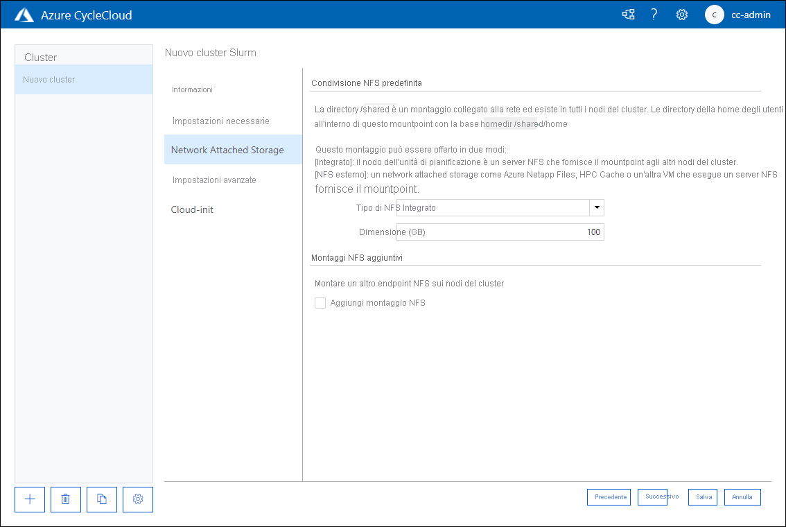 Screenshot che mostra la scheda Network Attached Storage della pagina relativa al nuovo cluster Slurm dell'applicazione Web Azure CycleCloud.