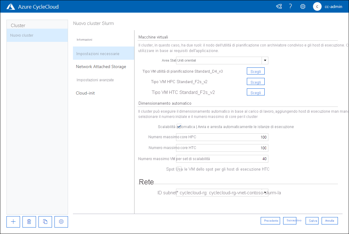 Screenshot che mostra la scheda delle impostazioni obbligatorie della pagina relativa al nuovo cluster Slurm dell'applicazione Web Azure CycleCloud.