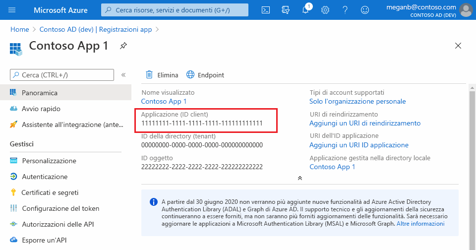 Screenshot che evidenzia l'ID app di un'app registrata con Microsoft Entra ID nel portale di Azure.