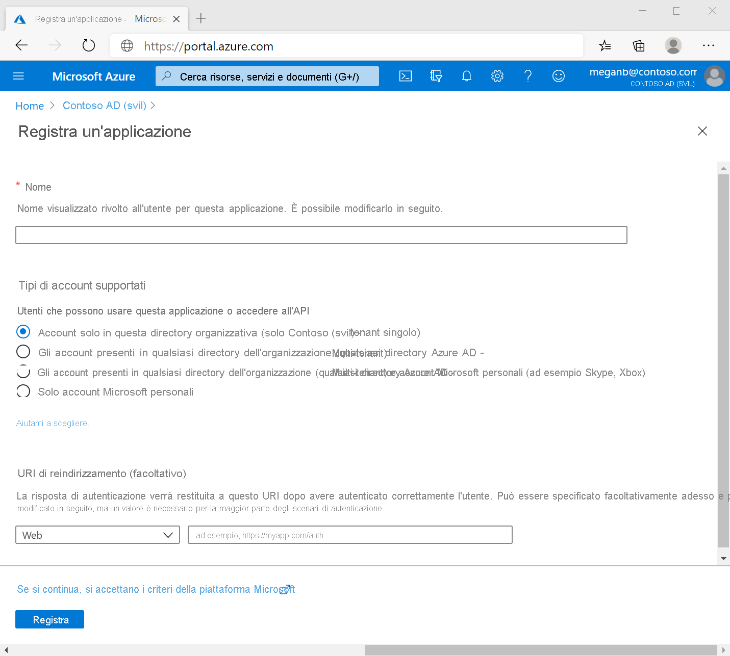 Screenshot che mostra la registrazione di una nuova app con Microsoft Entra ID nel portale di Azure.