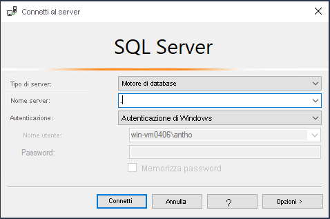 Screenshot che mostra come connettersi a SQL Server 2019 in SSMS.