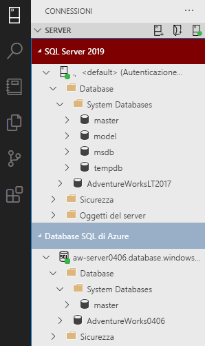 Screenshot che confronta SQL Server e il database SQL in Azure Data Studio.