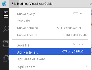 Screenshot dell'apertura di una cartella in Azure Data Studio.