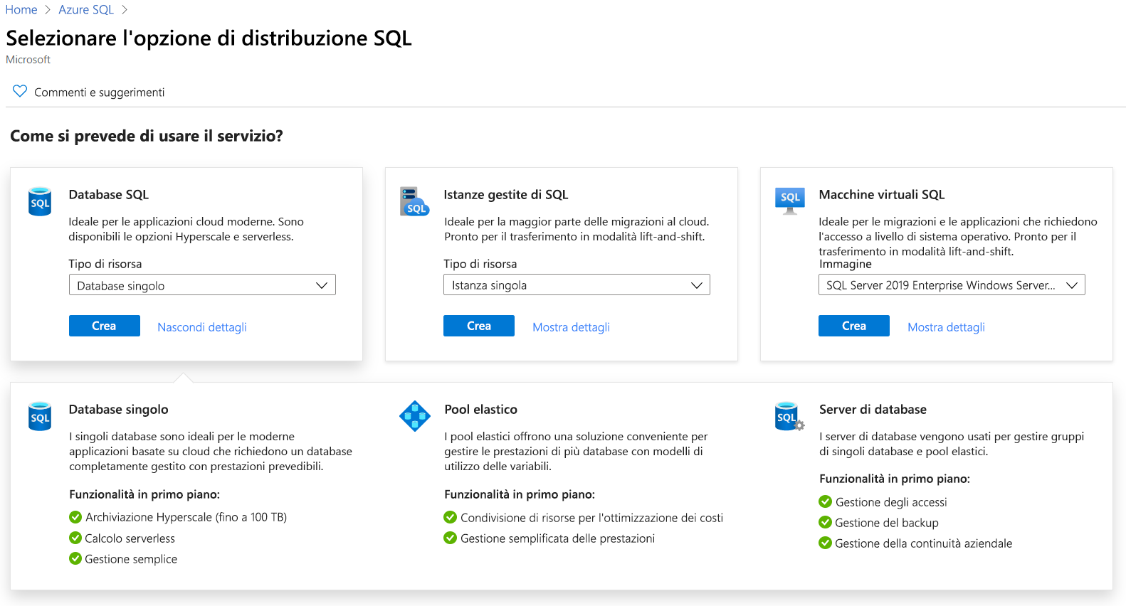 Screenshot che mostra le opzioni di distribuzione di SQL di Azure nel portale di Azure.