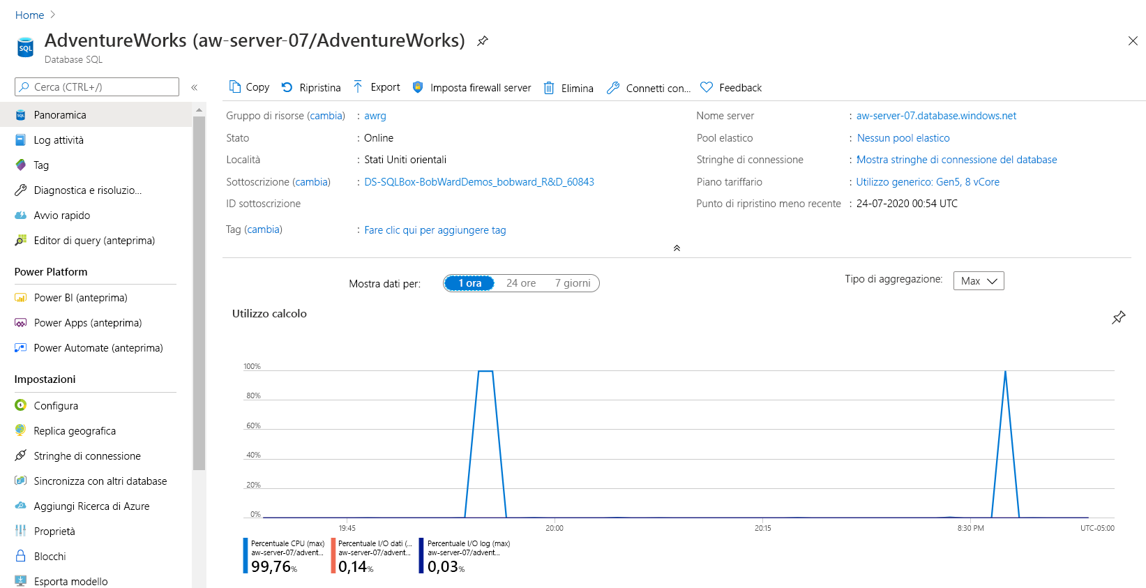 Screenshot of compute comparison in the Azure portal.