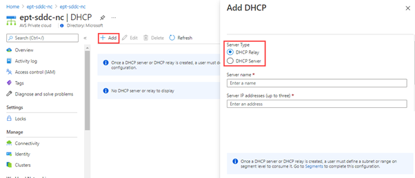 Screenshot del portale di Azure che mostra come aggiungere un server DHCP o un inoltro DHCP nel cloud privato AVS.