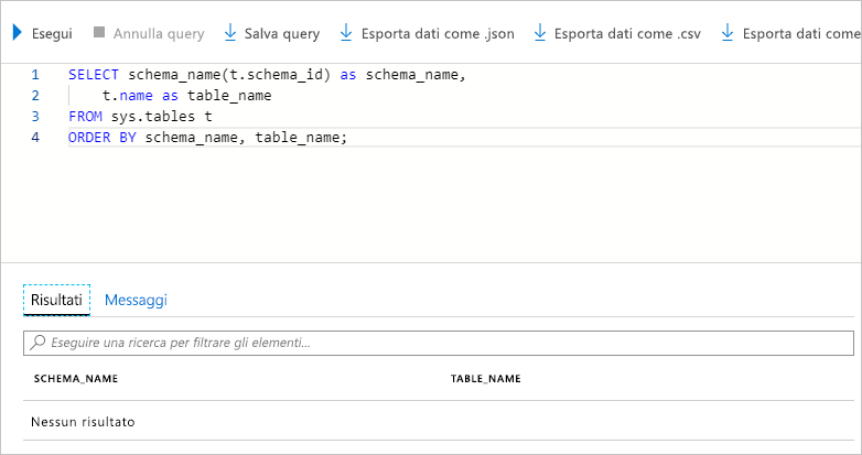 Screenshot che non mostra risultati restituiti dopo l'esecuzione di query per le tabelle nel database.