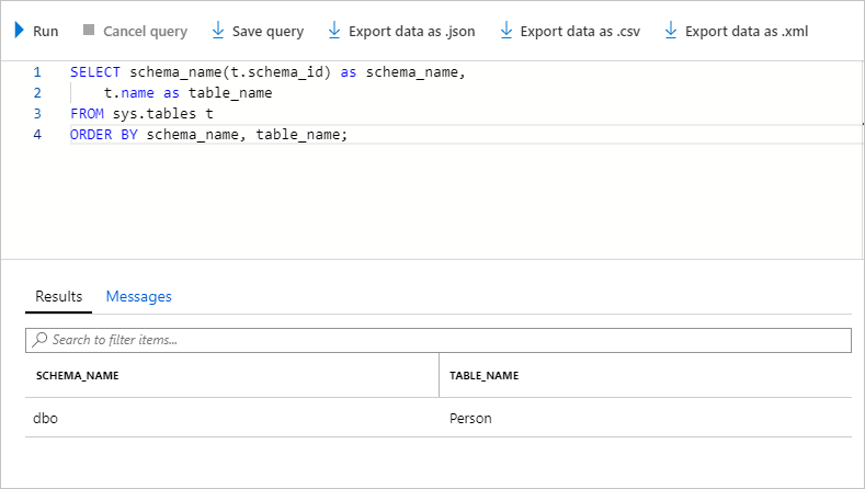 Screenshot che mostra i risultati dopo la query delle tabelle nel database.